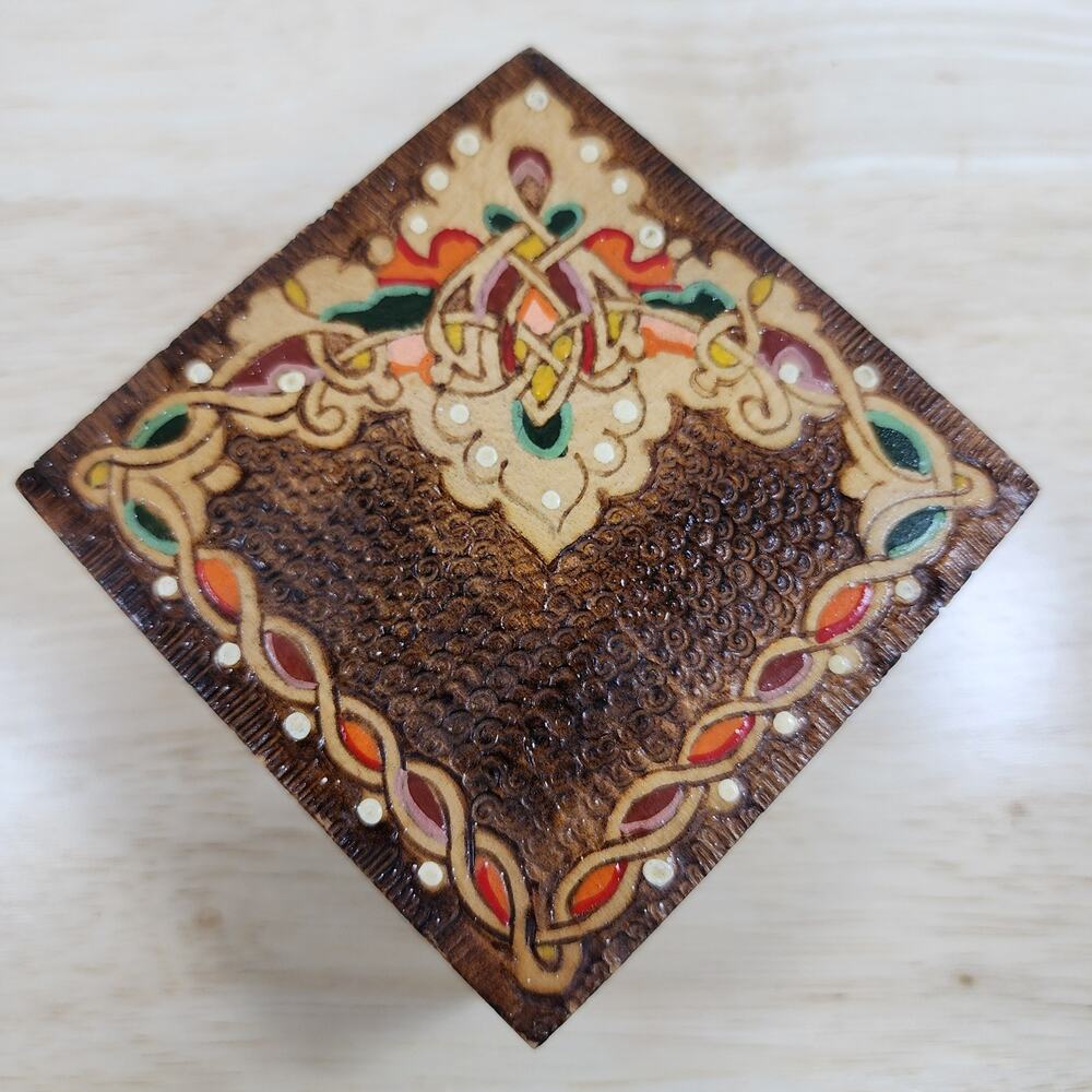 Vintage Hand Carved Wood Trinket Box Hinged Jewelry Box Folk Art Stamped 3.5”